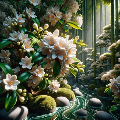 The primary subject of the image is a beautifully painted white flower with green leaves, surrounded by a lush green forest. The setting is a serene, natural environment with a waterfall in the background. The visual style is a combination of photo-realistic and digital art, creating a vibrant and captivating scene. The colors and mood of the image are predominantly green and white, evoking a sense of tranquility and harmony with nature.